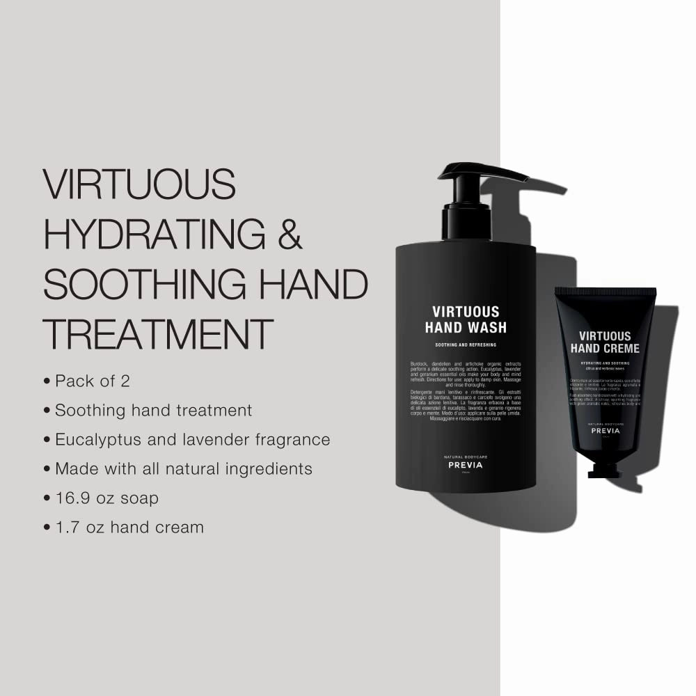 PREVIA Virtuous Soap Set - Soothing Hand Wash (16.9 oz) & Hydrating Hand Cream (1.7 oz), Nourishing Skincare Duo with Lavender & Geranium, Vegan & Natural Ingredients