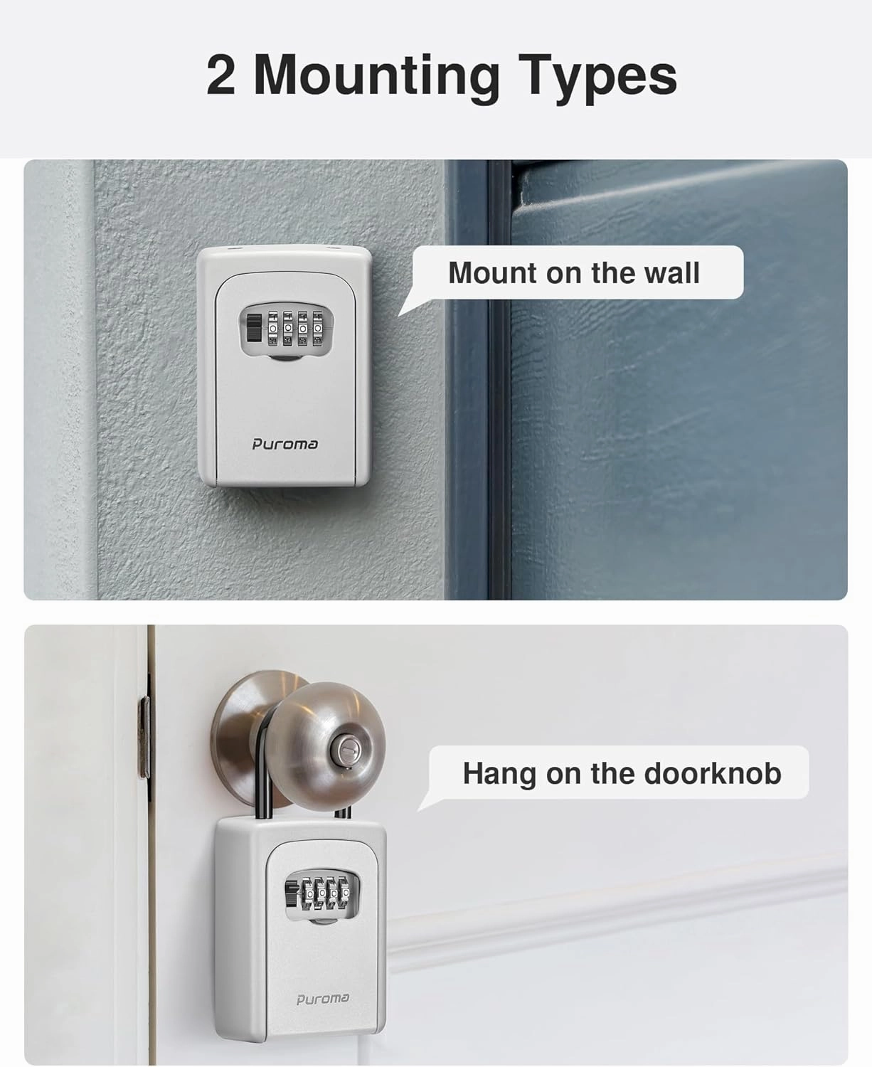 Puroma Lock Box, Large Key Lock Box Resettable Combination Code Lockbox, Portable Wall Mount Lockbox Waterproof Security Safe Box for Outside Outdoor Home Office Door Handle House Key, Silver (1 Pack)