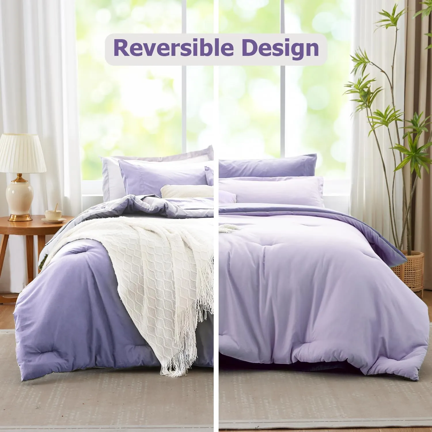 Purple Lavender Comforter Set Reversible Bedding Set, 7 Pieces Soft Bed in a Bag Full with Comforter, Sheets, Pillowcases & Shams, All Seasons Boho Bed Set