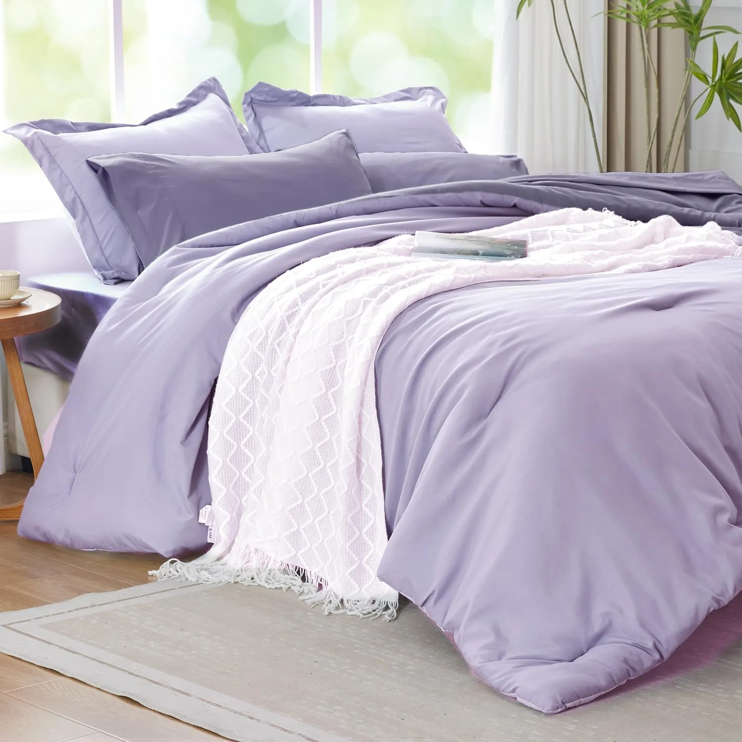 Purple Lavender Comforter Set Reversible Bedding Set, 7 Pieces Soft Bed in a Bag Full with Comforter, Sheets, Pillowcases & Shams, All Seasons Boho Bed Set