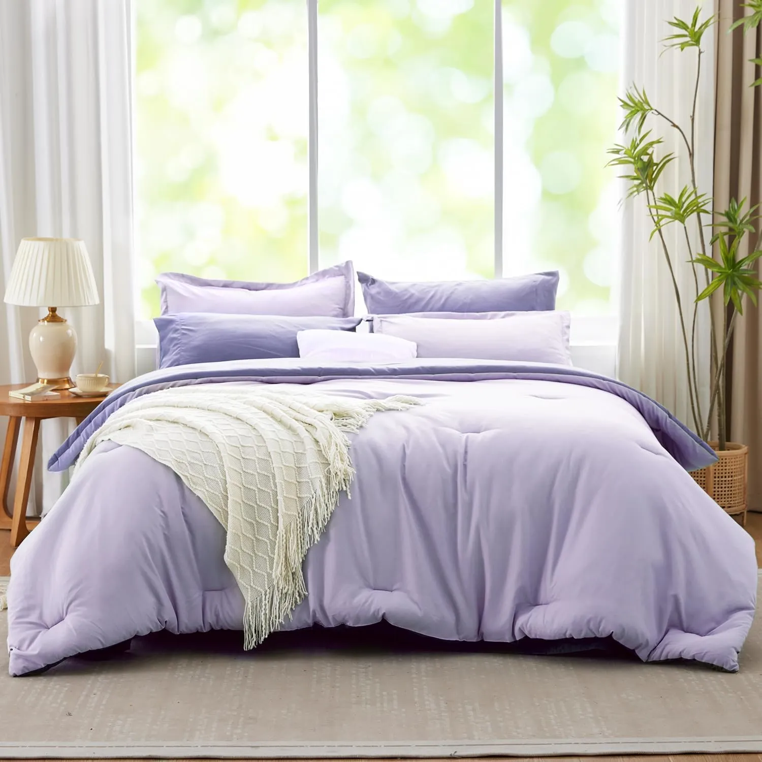 Purple Lavender Comforter Set Reversible Bedding Set, 7 Pieces Soft Bed in a Bag Full with Comforter, Sheets, Pillowcases & Shams, All Seasons Boho Bed Set