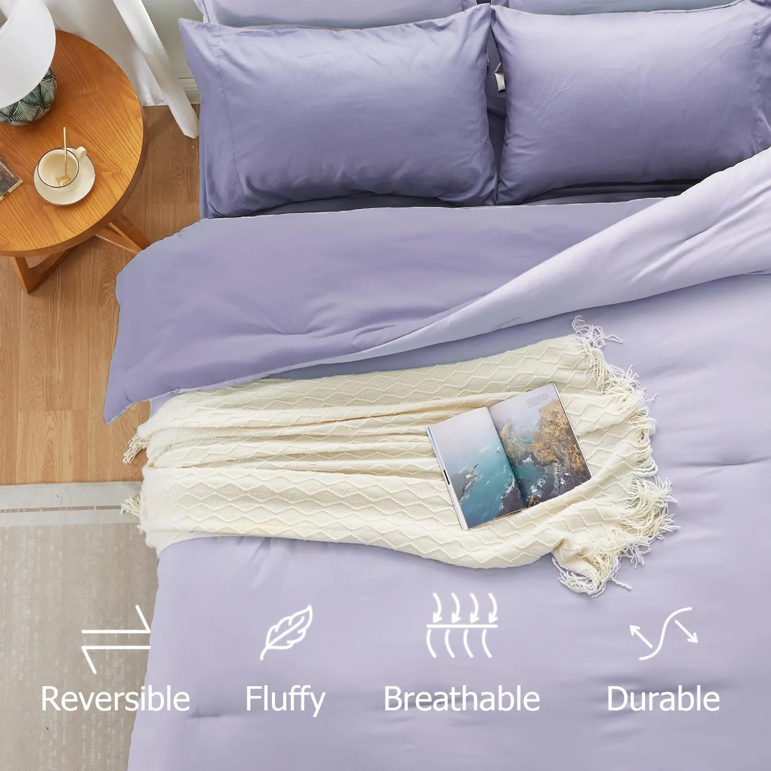 Purple Lavender Comforter Set Reversible Bedding Set, 7 Pieces Soft Bed in a Bag Full with Comforter, Sheets, Pillowcases & Shams, All Seasons Boho Bed Set