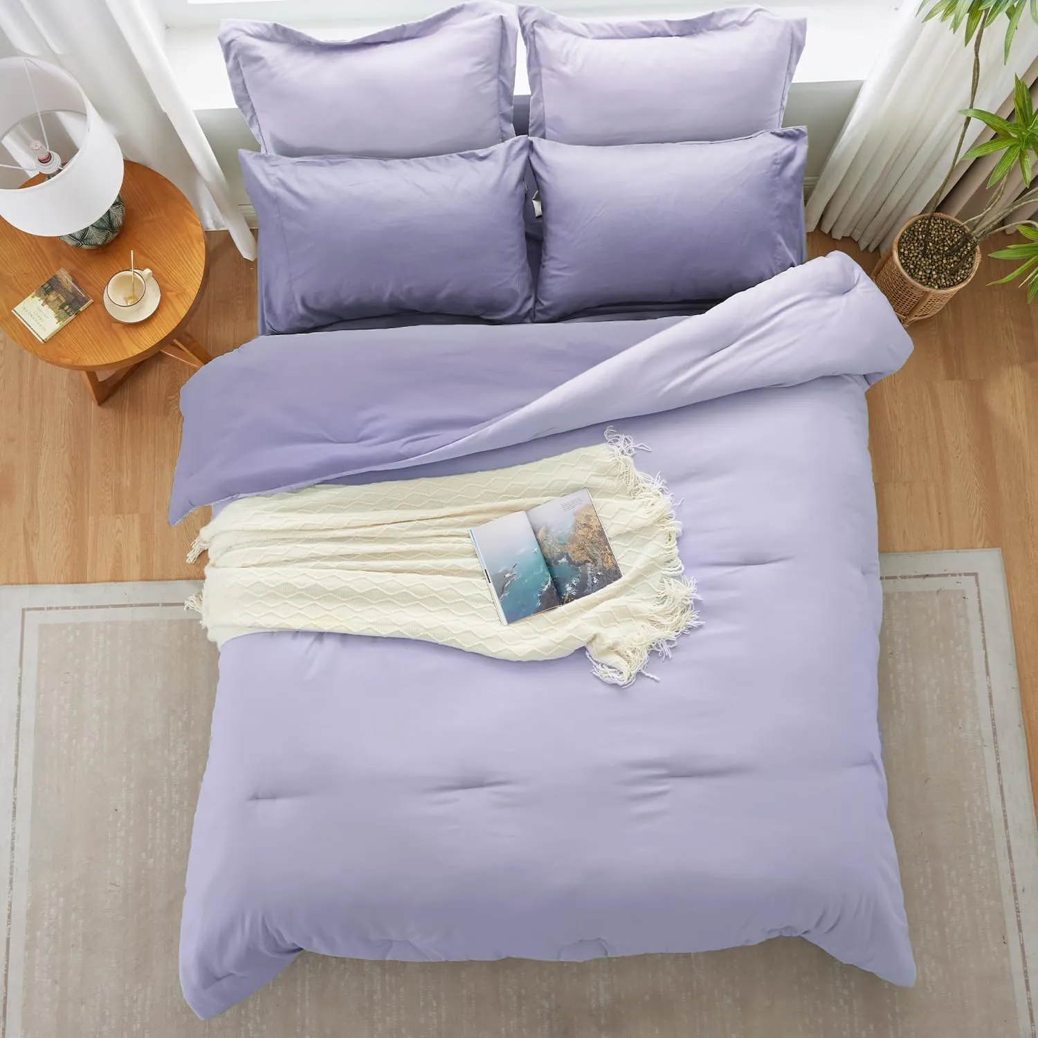 Purple Lavender Comforter Set Reversible Bedding Set, 7 Pieces Soft Bed in a Bag Full with Comforter, Sheets, Pillowcases & Shams, All Seasons Boho Bed Set