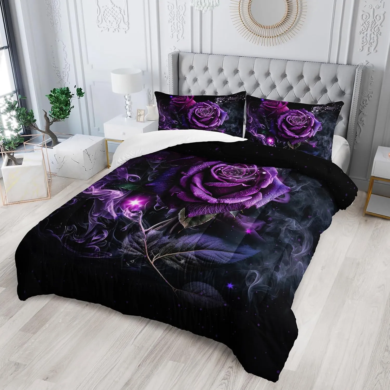Purple Rose Comforter Set - Full Size Bedding Set with Quilt, Rose Pattern for Women's Bedroom Decor