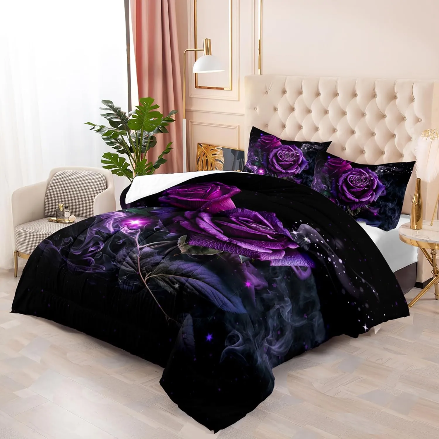 Purple Rose Comforter Set - Full Size Bedding Set with Quilt, Rose Pattern for Women's Bedroom Decor