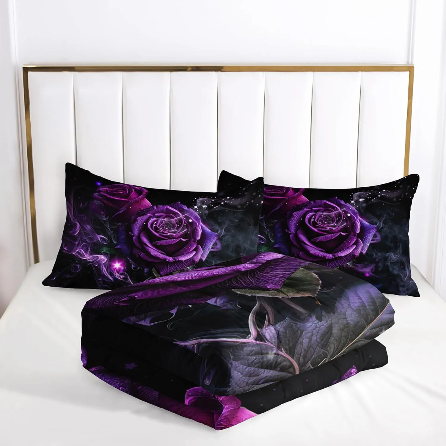 Purple Rose Comforter Set - Full Size Bedding Set with Quilt, Rose Pattern for Women's Bedroom Decor