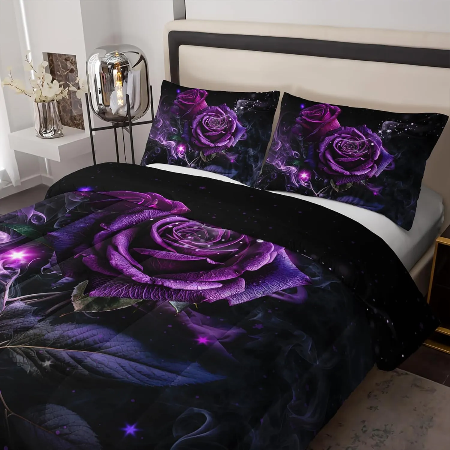 Purple Rose Comforter Set - Full Size Bedding Set with Quilt, Rose Pattern for Women's Bedroom Decor