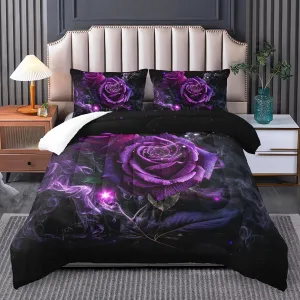 Purple Rose Comforter Set - Full Size Bedding Set with Quilt, Rose Pattern for Women's Bedroom Decor