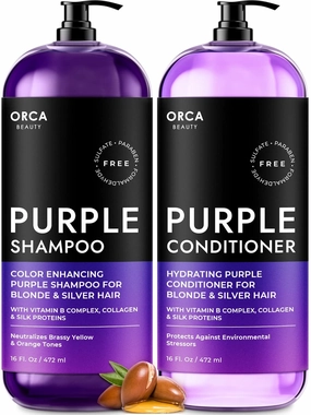 Purple Toning Shampoo and Conditioner Set - Sulfate Free, with Biotin and Argan Oil for Color Treated and Gray Hair