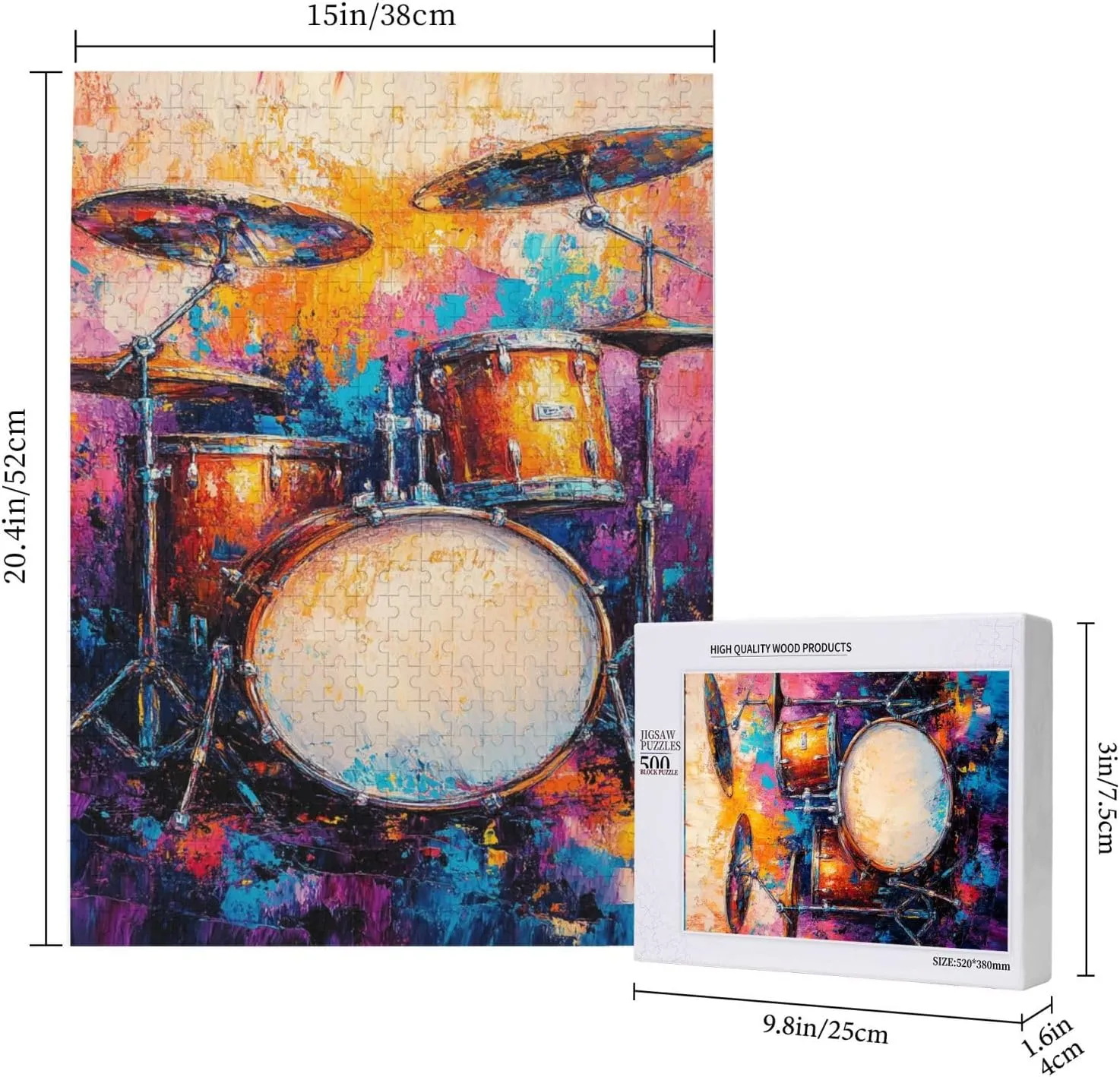 Puzzle with 500 Pieces, Exquisite Drum Set, Ideal Choice for Musical Instrument Lovers, Wooden Jigsaw for Adults, Oil Painting Style Design, Decorate Home Walls, Unique Artwork