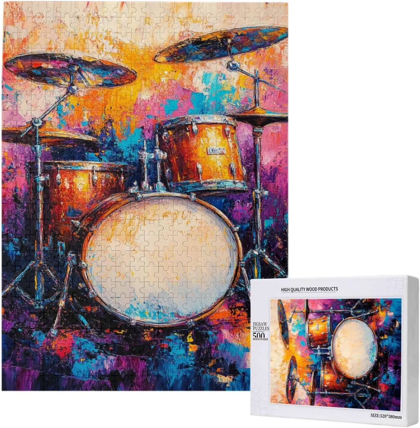Puzzle with 500 Pieces, Exquisite Drum Set, Ideal Choice for Musical Instrument Lovers, Wooden Jigsaw for Adults, Oil Painting Style Design, Decorate Home Walls, Unique Artwork