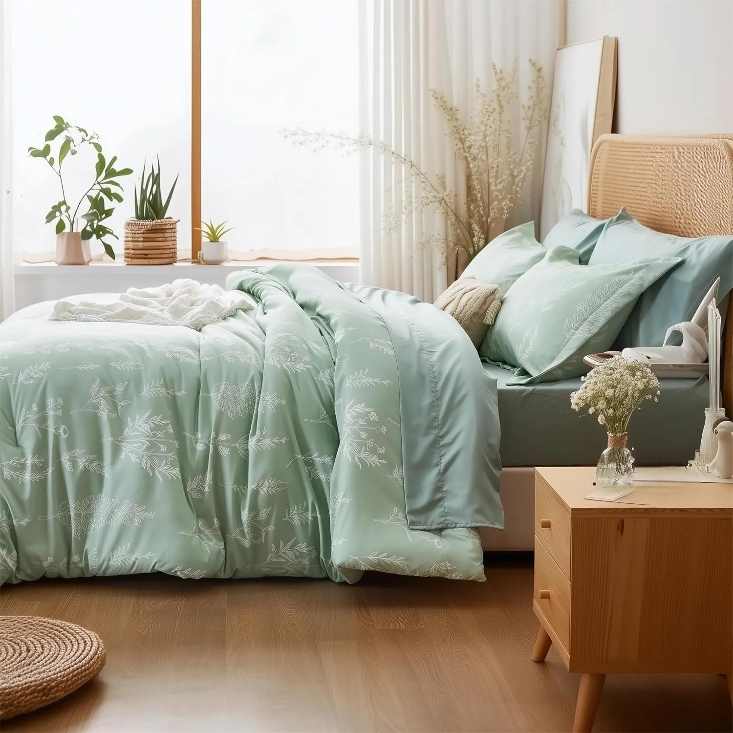 Queen Comforter Set 7 Pieces, Sage Green Comforter, Cute Floral Bed in a Bag Queen Boho, Soft Fluffy Bedding Sets with Comforter, Sheets, Pillowcases & Shams, All Seasons