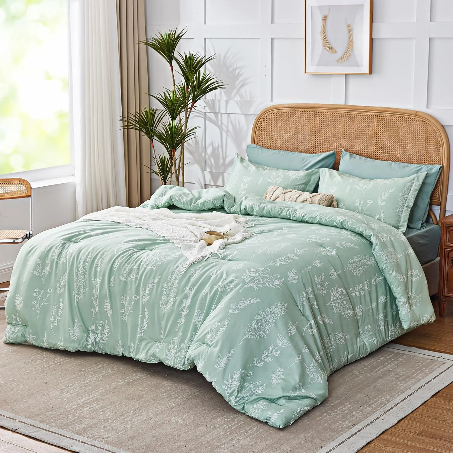 Queen Comforter Set 7 Pieces, Sage Green Comforter, Cute Floral Bed in a Bag Queen Boho, Soft Fluffy Bedding Sets with Comforter, Sheets, Pillowcases & Shams, All Seasons