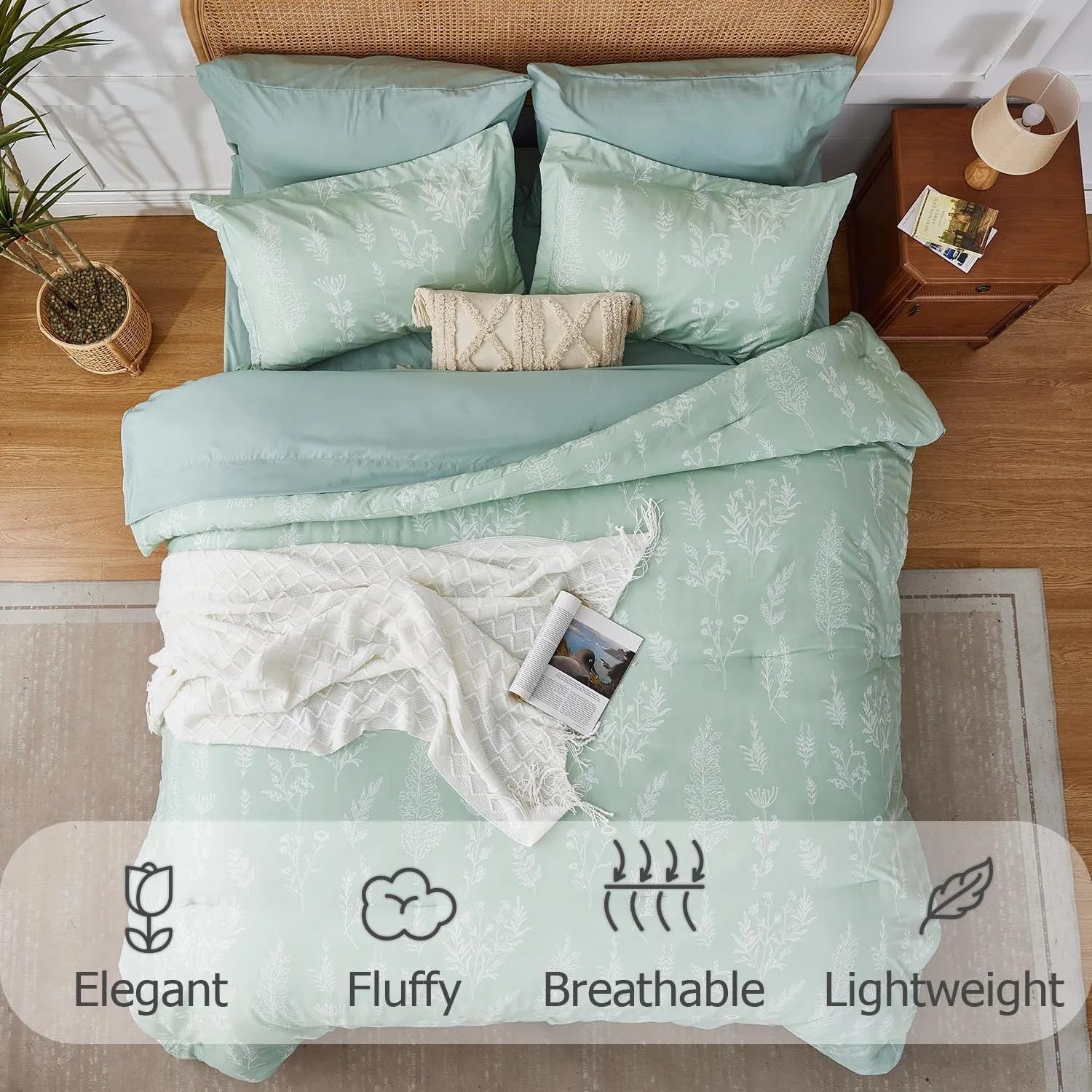 Queen Comforter Set 7 Pieces, Sage Green Comforter, Cute Floral Bed in a Bag Queen Boho, Soft Fluffy Bedding Sets with Comforter, Sheets, Pillowcases & Shams, All Seasons