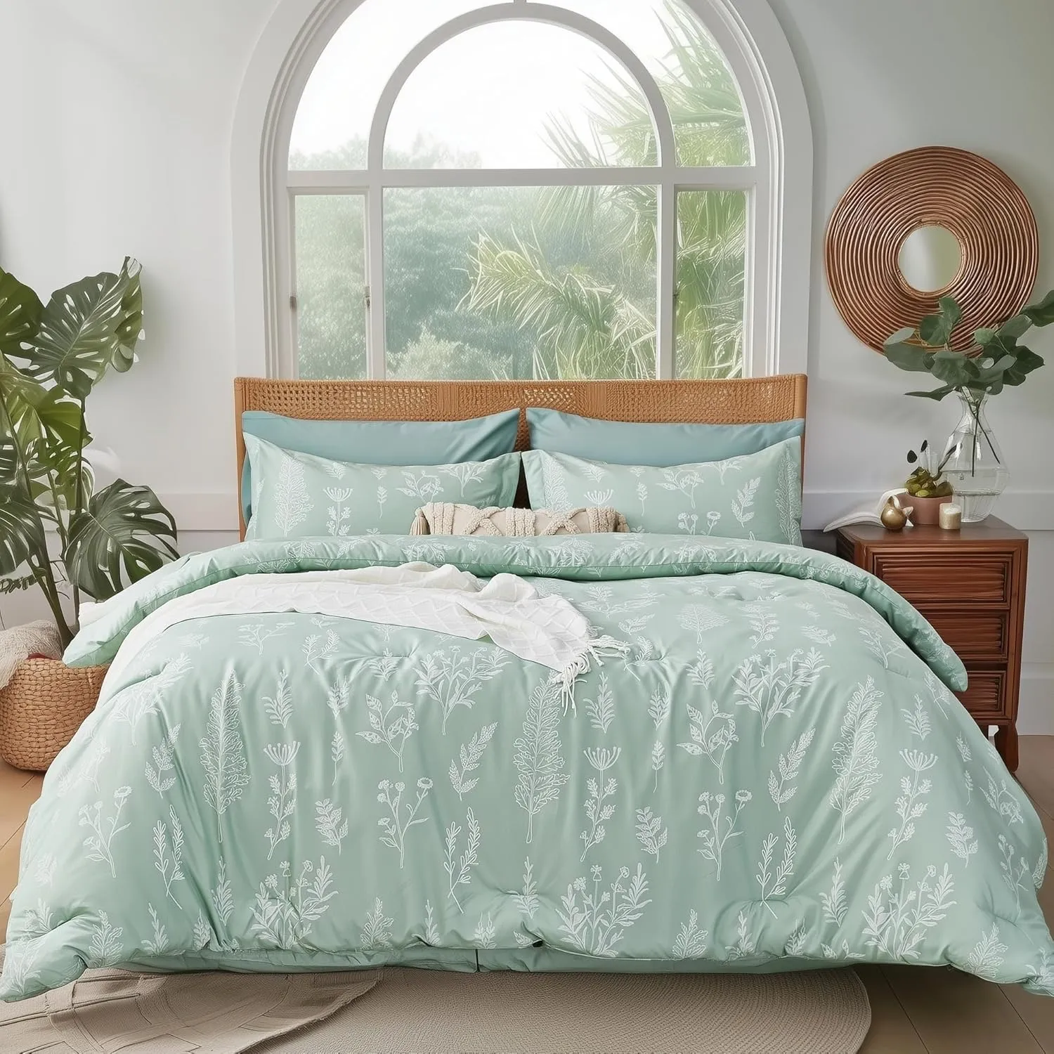 Queen Comforter Set 7 Pieces, Sage Green Comforter, Cute Floral Bed in a Bag Queen Boho, Soft Fluffy Bedding Sets with Comforter, Sheets, Pillowcases & Shams, All Seasons