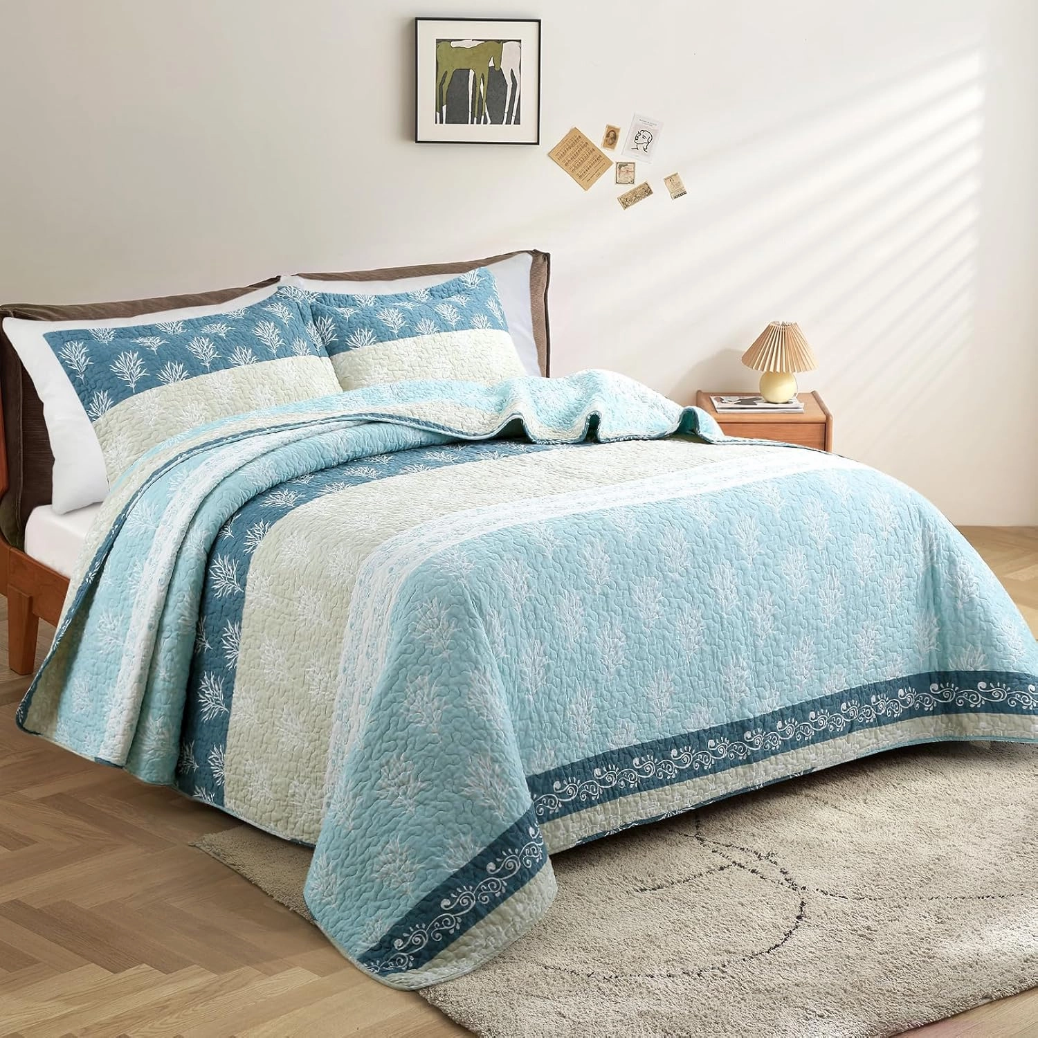 Quilt Set King Size - King Quilts Bedding Set, 100% Cotton Reversible Luxury Comforter Set, Farmhouse Floral Boho Striped Patchwork Bedspreads Set with Shams for All Season - Blue