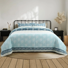 Quilt Set King Size - King Quilts Bedding Set, 100% Cotton Reversible Luxury Comforter Set, Farmhouse Floral Boho Striped Patchwork Bedspreads Set with Shams for All Season - Blue