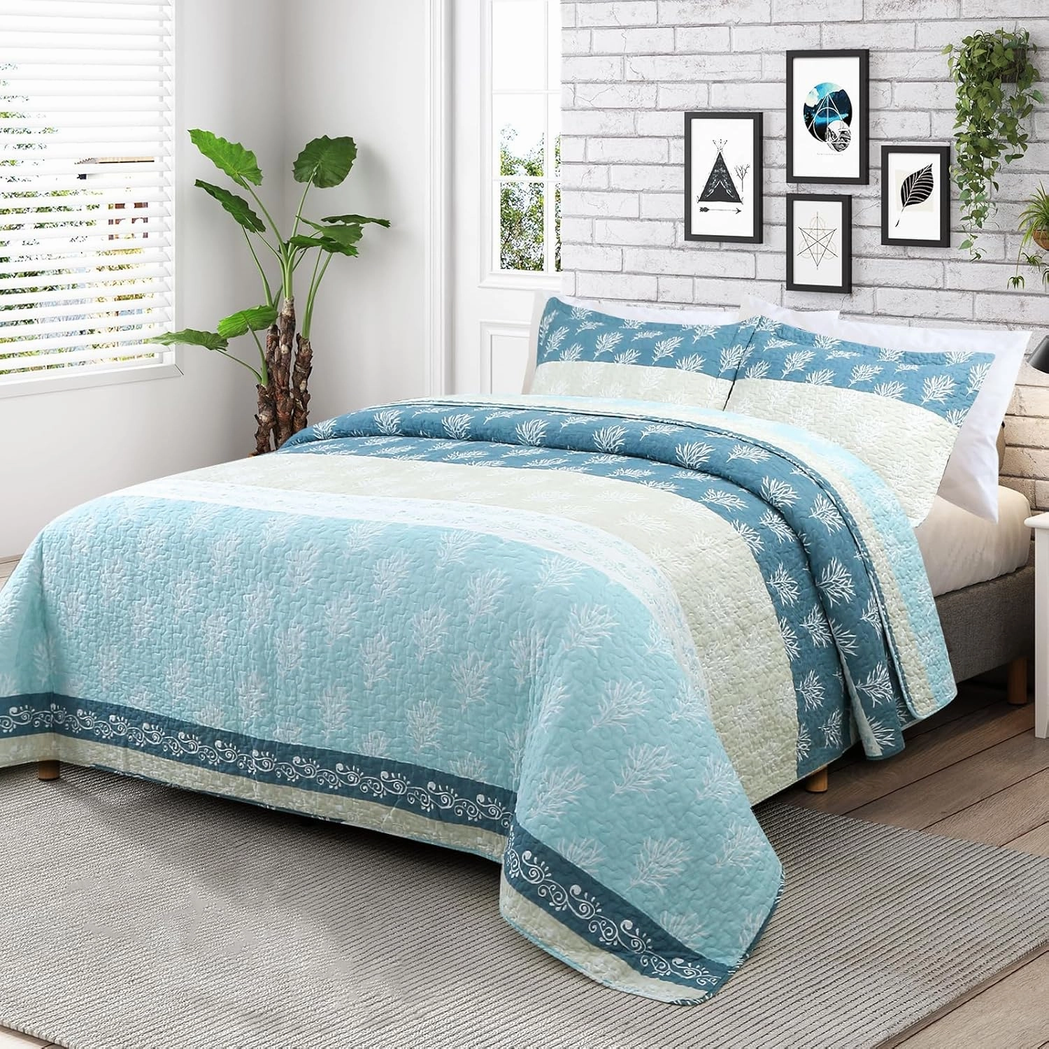Quilt Set King Size - King Quilts Bedding Set, 100% Cotton Reversible Luxury Comforter Set, Farmhouse Floral Boho Striped Patchwork Bedspreads Set with Shams for All Season - Blue