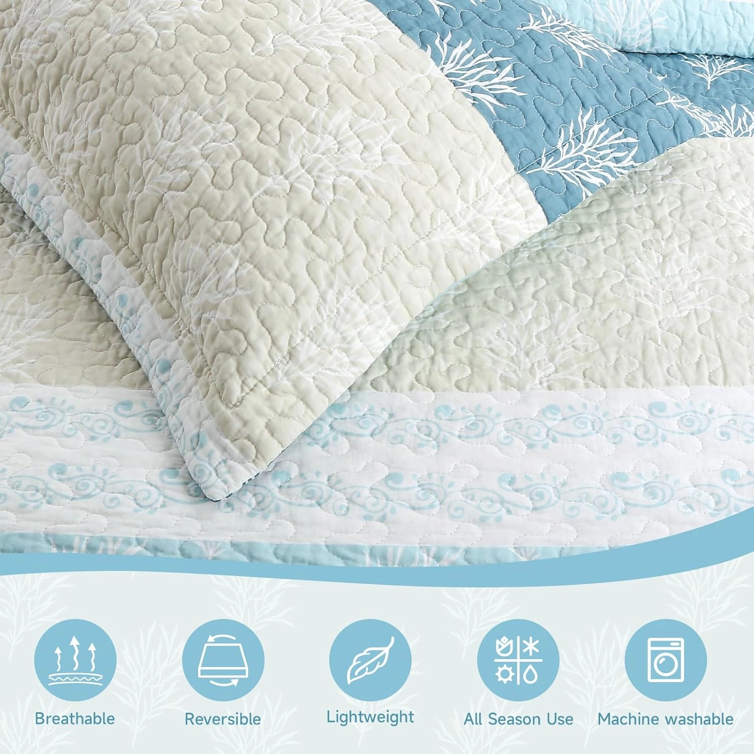 Quilt Set King Size - King Quilts Bedding Set, 100% Cotton Reversible Luxury Comforter Set, Farmhouse Floral Boho Striped Patchwork Bedspreads Set with Shams for All Season - Blue