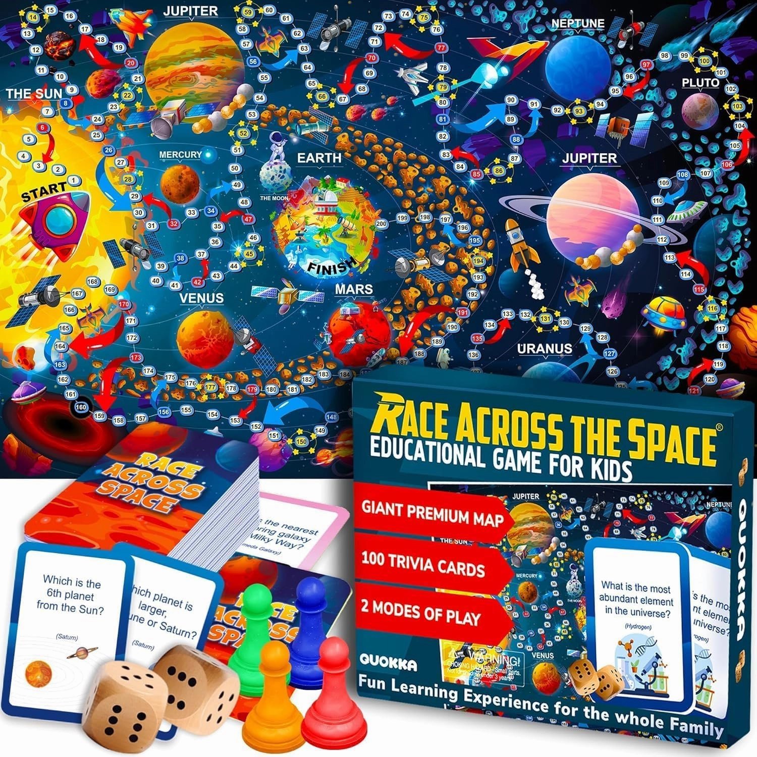 QUOKKA Space Board Game for Kids 8-12 - Learning Family Game for Teens and Adults - 130 Question Cards - Top Facts - Play Indoor & Outdoor - Educational Solar System Toy for 6 10 Year Olds
