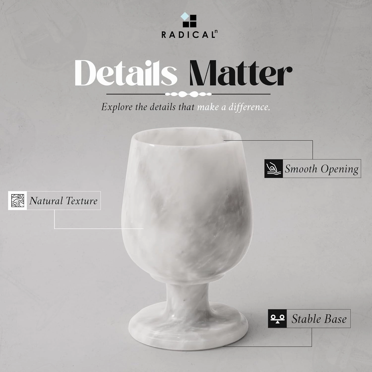 Radicaln Marble Wine Glasses Set of 2 White 5" Inches Handmade Stone Drinking Glasses, Stemless Red & White Wine Glasses, Gift Set for Home Bar, Kitchen & Parties