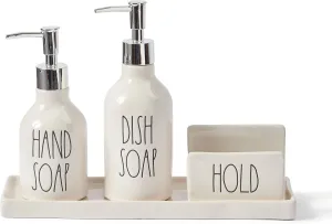 Rae Dunn Kitchen-Sink Soap Dispenser Set, Hand Soap and Dish Soap Dispenser for Kitchen with Sponge Holder and Tray