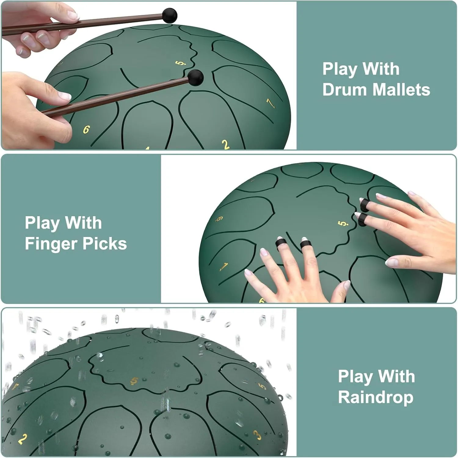 Rain Drum for Outside Garden, 8 Inches 11 Notes Steel Tongue Drum, Waterproof Meditation Rain Chime, Musical Instruments for Adult Gift with Bag, Music Book, Mallets (Green)