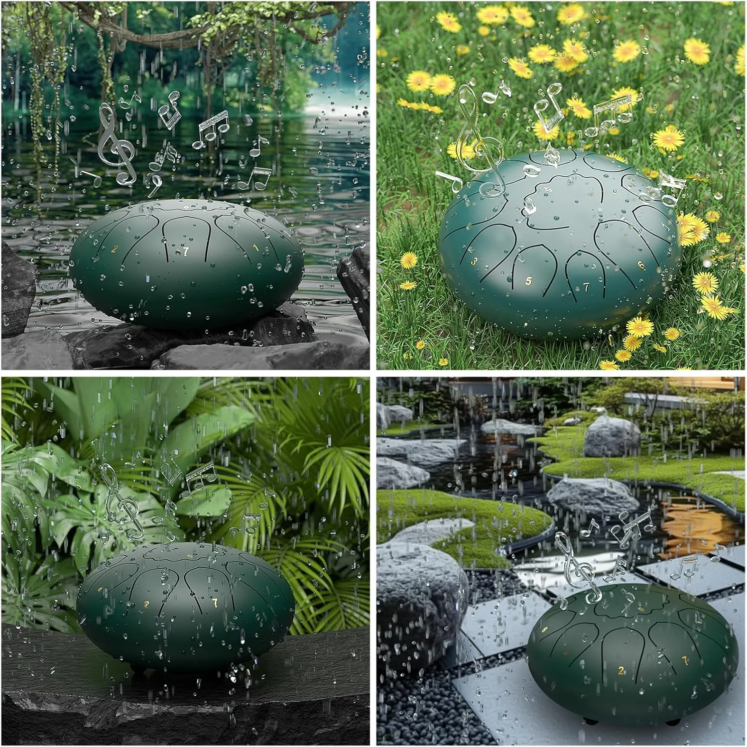 Rain Drum for Outside Garden, 8 Inches 11 Notes Steel Tongue Drum, Waterproof Meditation Rain Chime, Musical Instruments for Adult Gift with Bag, Music Book, Mallets (Green)