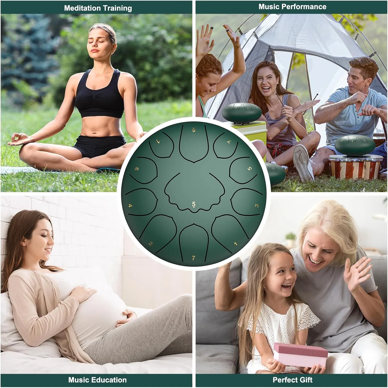 Rain Drum for Outside Garden, 8 Inches 11 Notes Steel Tongue Drum, Waterproof Meditation Rain Chime, Musical Instruments for Adult Gift with Bag, Music Book, Mallets (Green)