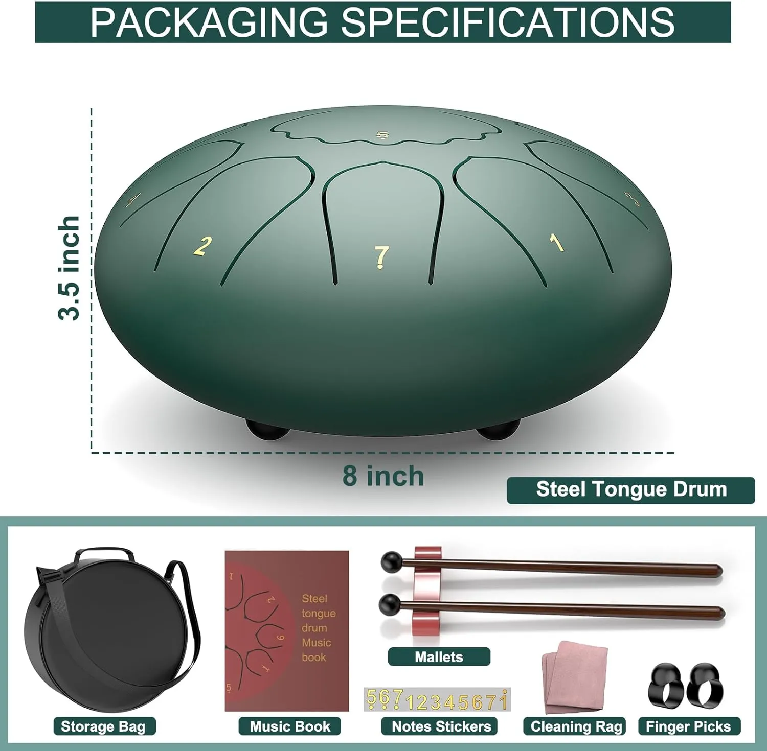Rain Drum for Outside Garden, 8 Inches 11 Notes Steel Tongue Drum, Waterproof Meditation Rain Chime, Musical Instruments for Adult Gift with Bag, Music Book, Mallets (Green)