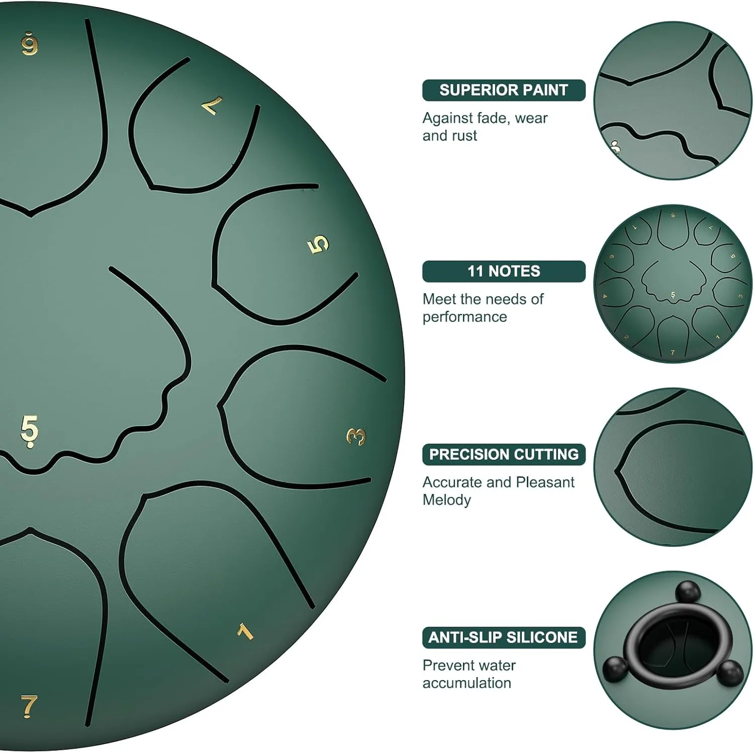 Rain Drum for Outside Garden, 8 Inches 11 Notes Steel Tongue Drum, Waterproof Meditation Rain Chime, Musical Instruments for Adult Gift with Bag, Music Book, Mallets (Green)