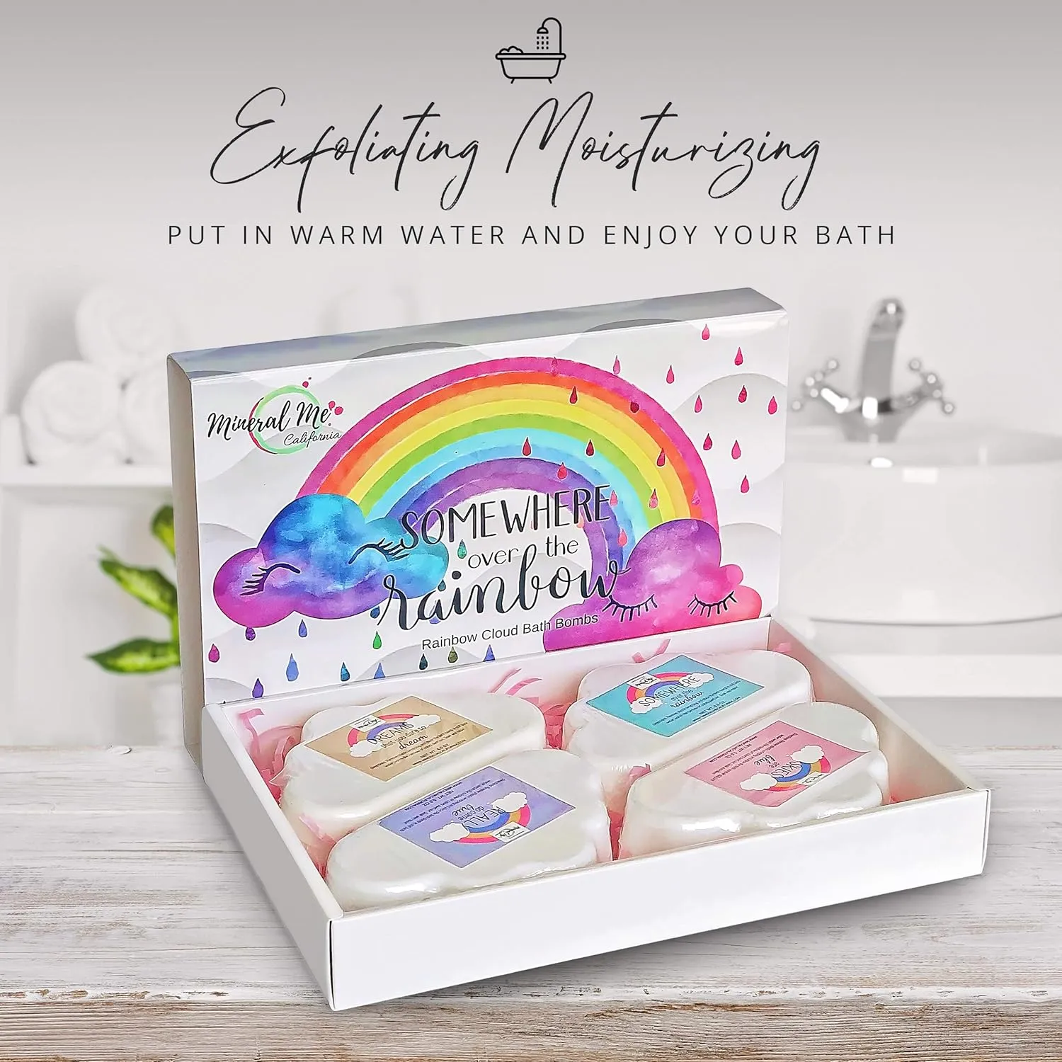 Rainbow Bath Bombs for Kids- Natural and Organic Bubble Bath Bombs w/Moisturizing Shea Butter and Natural Oils, 4 Large Unicorn Cloud BathBombs for Girls, Boys, Women, Birthday Gift for Her