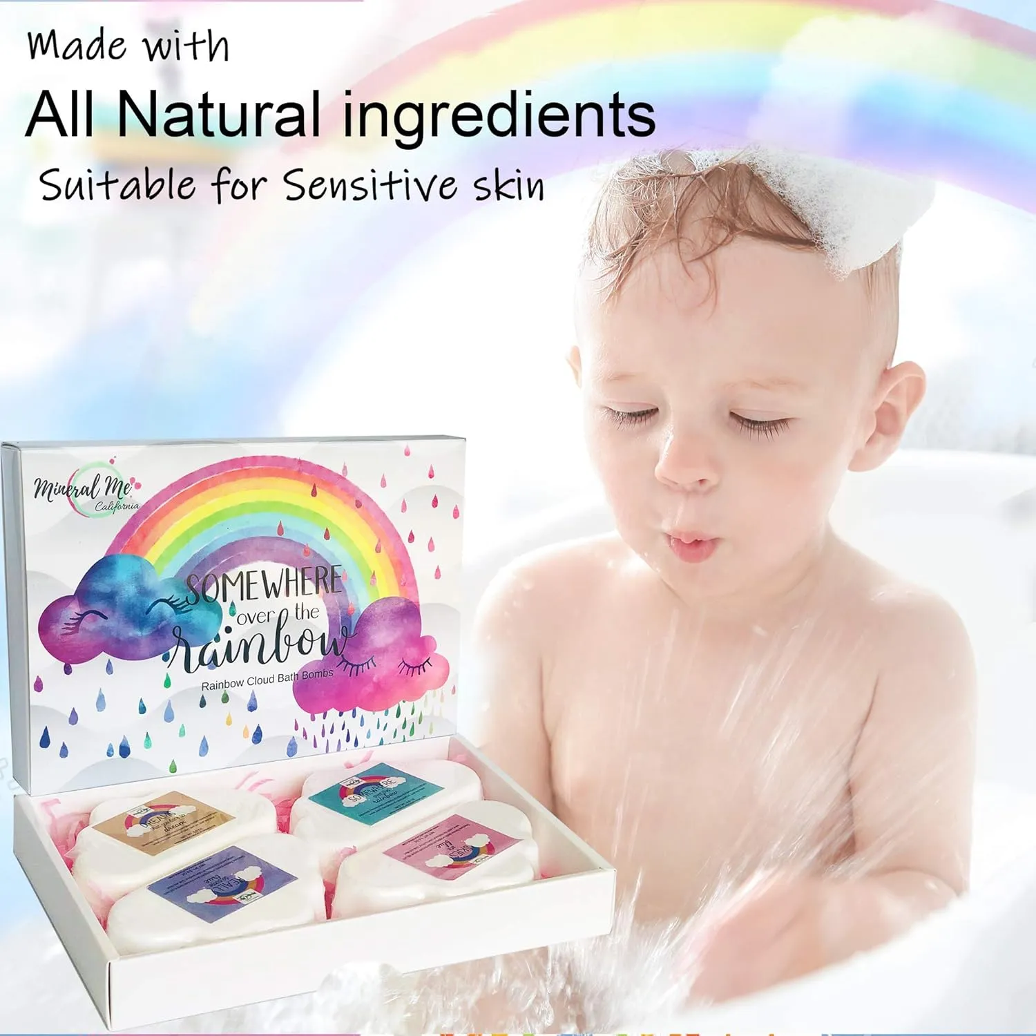 Rainbow Bath Bombs for Kids- Natural and Organic Bubble Bath Bombs w/Moisturizing Shea Butter and Natural Oils, 4 Large Unicorn Cloud BathBombs for Girls, Boys, Women, Birthday Gift for Her