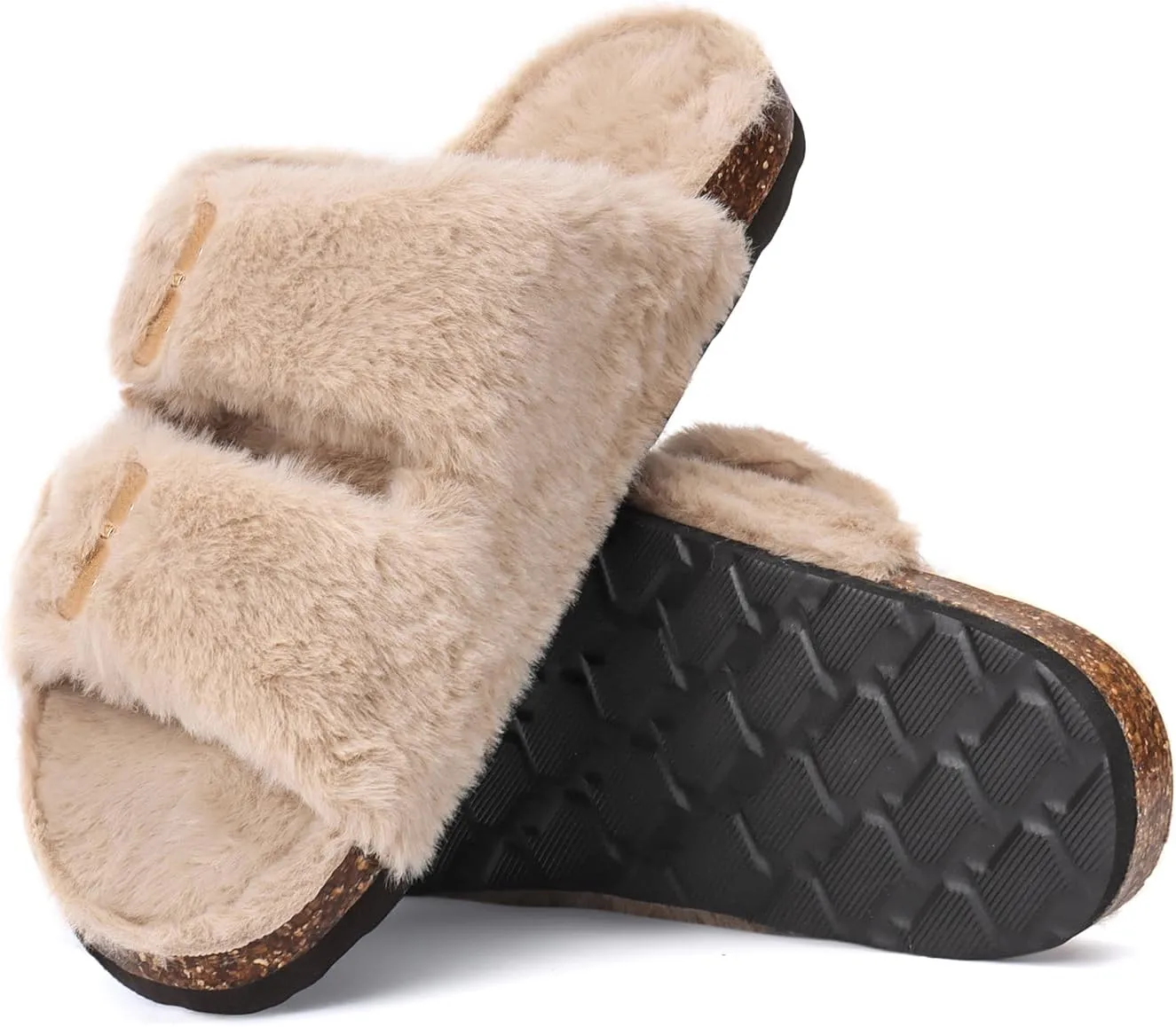 Rainlin Women's Fuzzy Slippers Comfy Cork Footbed Fluffy Slides Open Toe Indoor Outdoor House Shoes with Arch Support