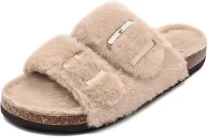 Rainlin Women's Fuzzy Slippers Comfy Cork Footbed Fluffy Slides Open Toe Indoor Outdoor House Shoes with Arch Support
