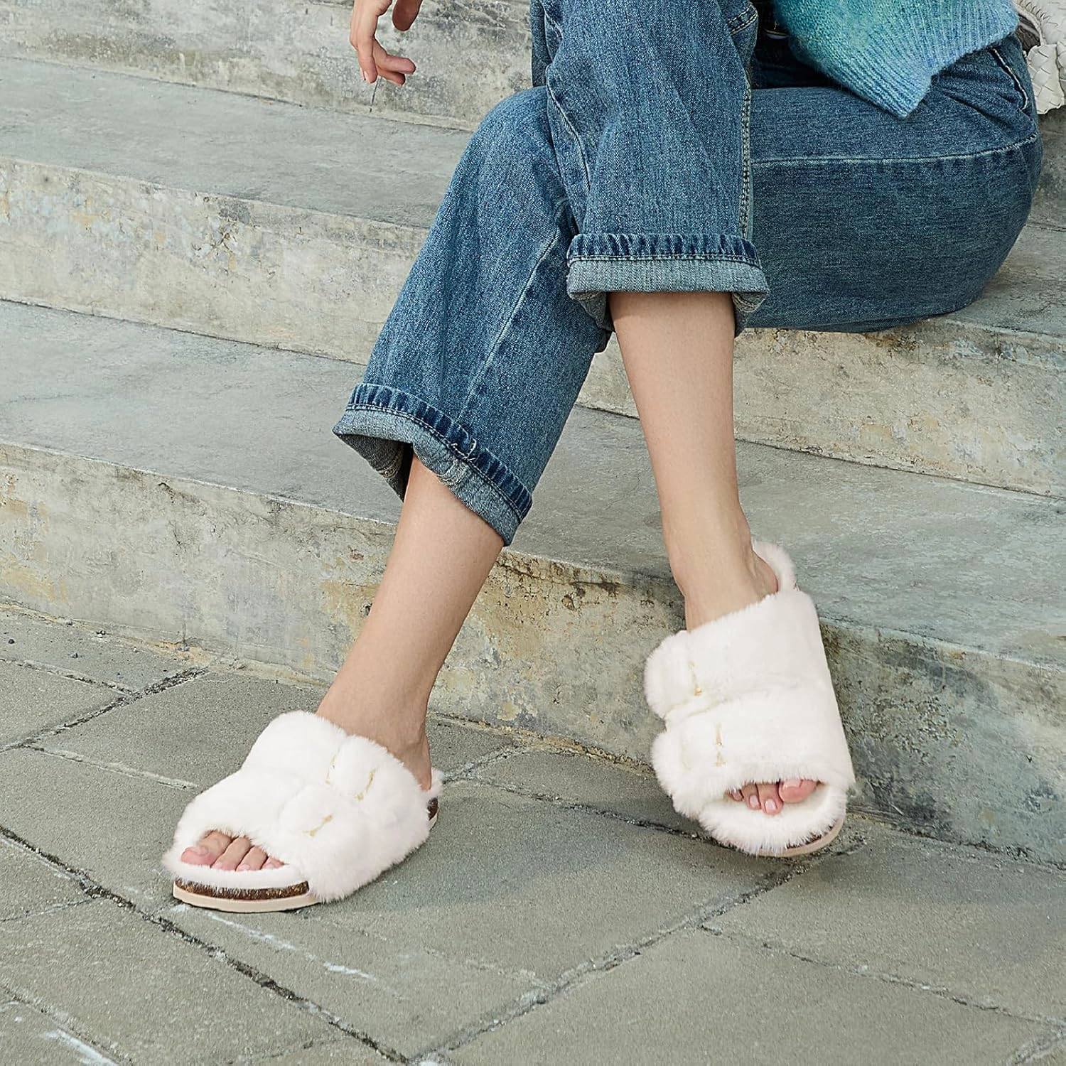 Rainlin Women's Fuzzy Slippers Comfy Cork Footbed Fluffy Slides Open Toe Indoor Outdoor House Shoes with Arch Support