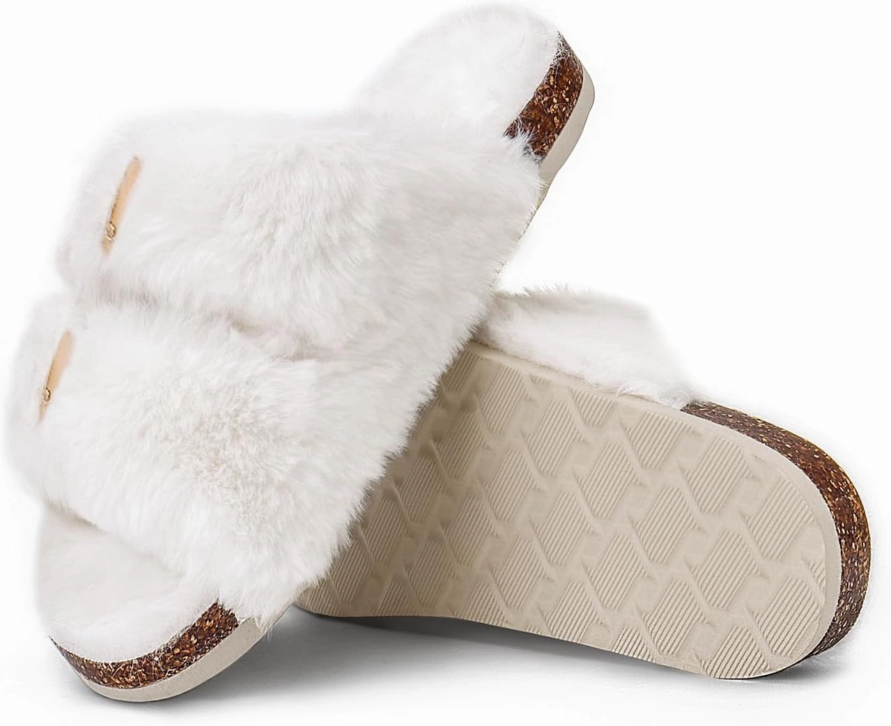 Rainlin Women's Fuzzy Slippers Comfy Cork Footbed Fluffy Slides Open Toe Indoor Outdoor House Shoes with Arch Support