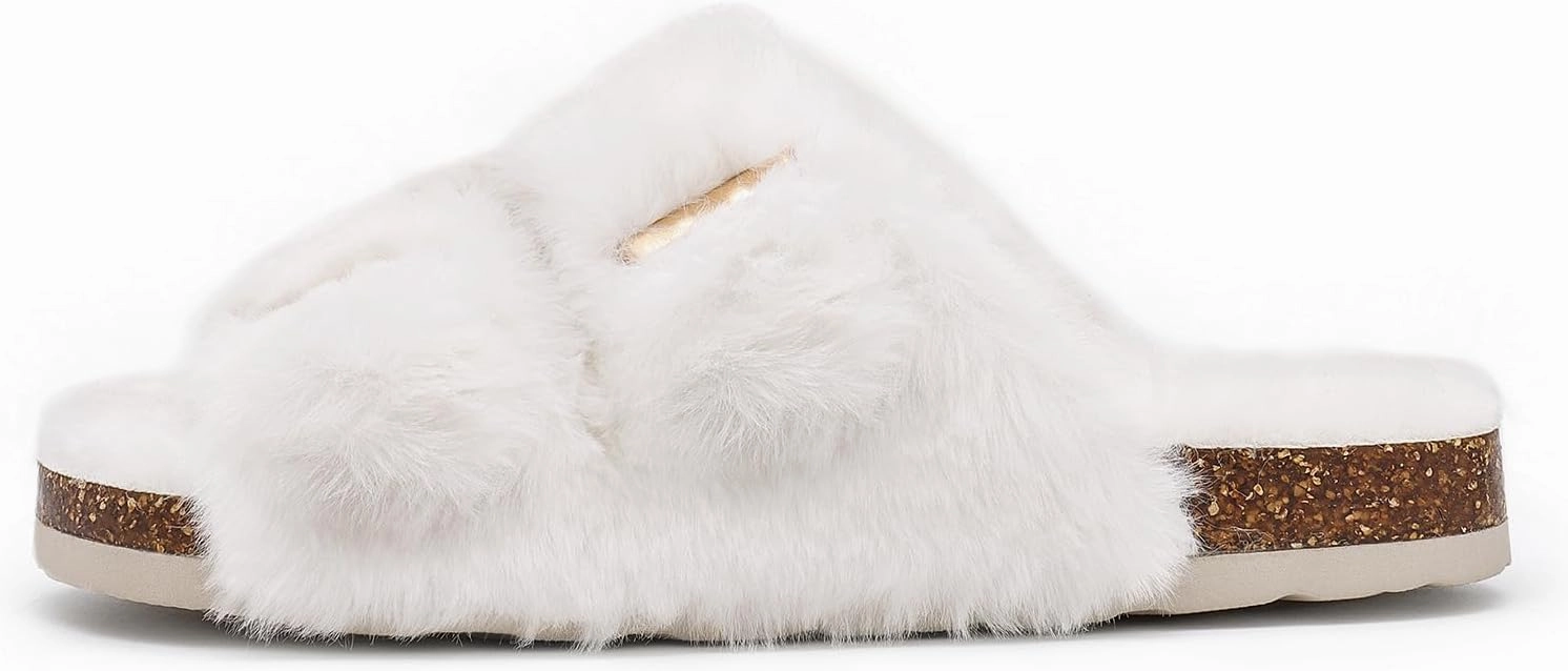 Rainlin Women's Fuzzy Slippers Comfy Cork Footbed Fluffy Slides Open Toe Indoor Outdoor House Shoes with Arch Support