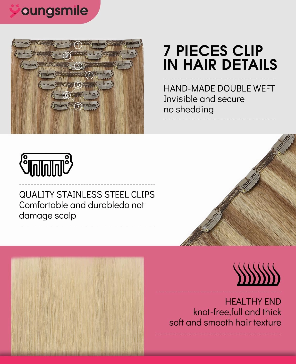 Real Hair Clip in Extensions #10/27/27 Ash Blonde with Bleach Blonde Human Hair Extensions Clip in, Soft Silk Straight,Double Weft, 140g 7 Pieces 14inch (7C#10/27/27-14inch)