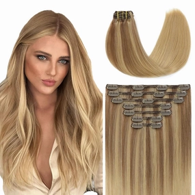 Real Hair Clip in Extensions #10/27/27 Ash Blonde with Bleach Blonde Human Hair Extensions Clip in, Soft Silk Straight,Double Weft, 140g 7 Pieces 14inch (7C#10/27/27-14inch)
