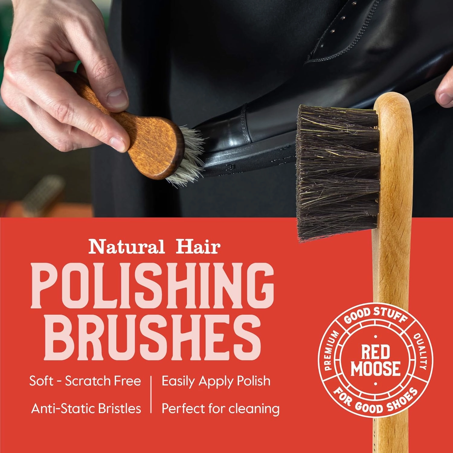 RED MOOSE Full Leather Wax Shoe Polish Kit - 2x Brush, Buffing Cloth, Travel Case, Laces