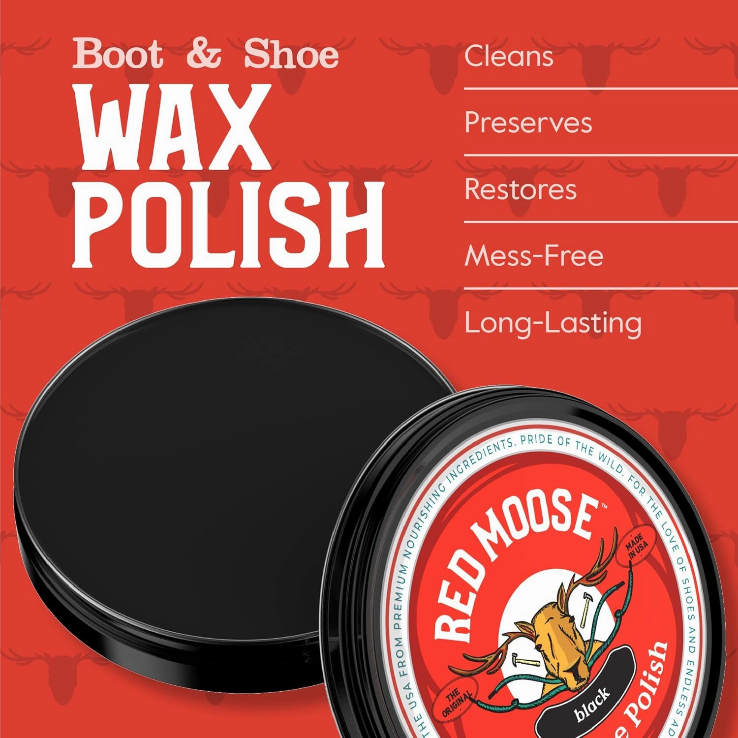 RED MOOSE Full Leather Wax Shoe Polish Kit - 2x Brush, Buffing Cloth, Travel Case, Laces