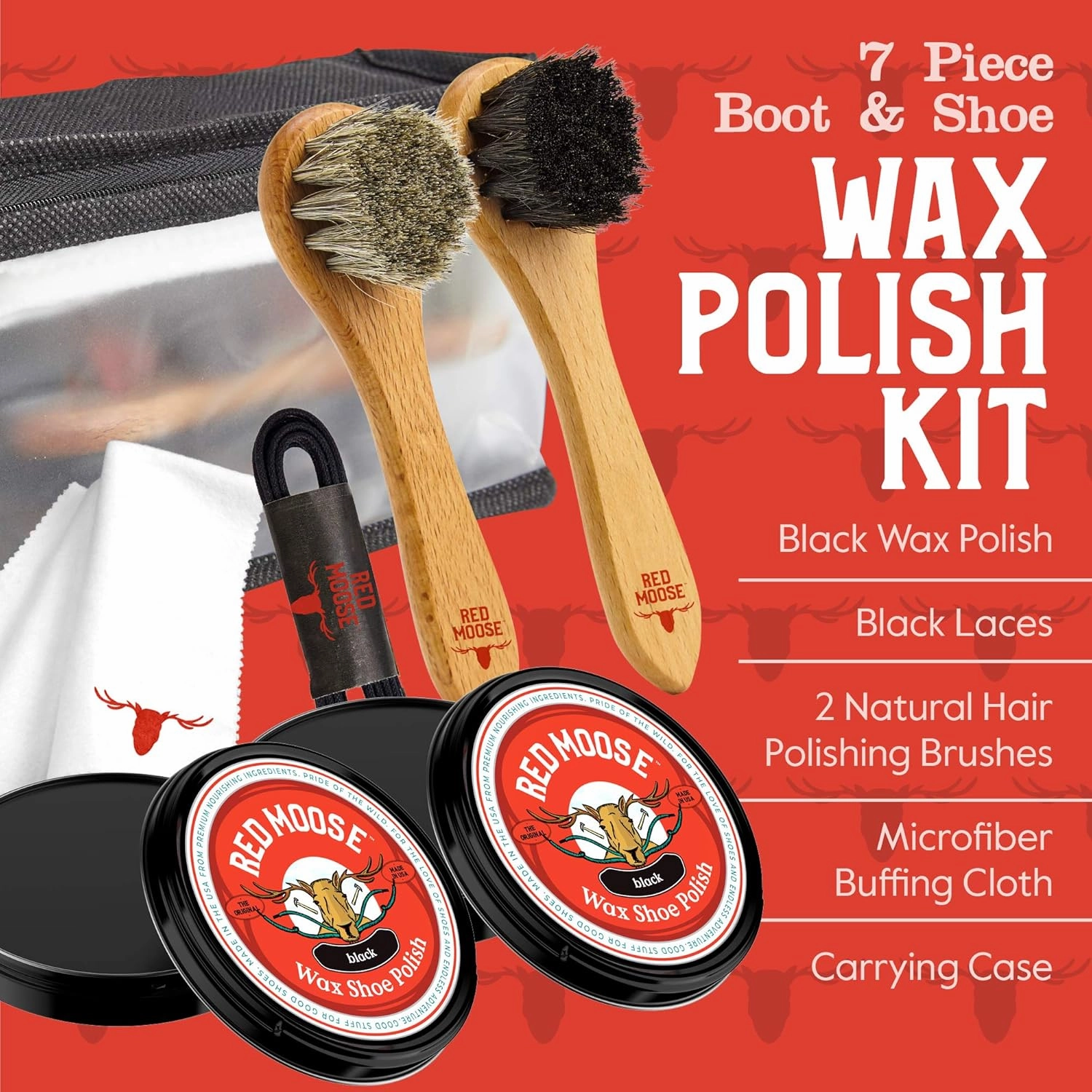 RED MOOSE Full Leather Wax Shoe Polish Kit - 2x Brush, Buffing Cloth, Travel Case, Laces