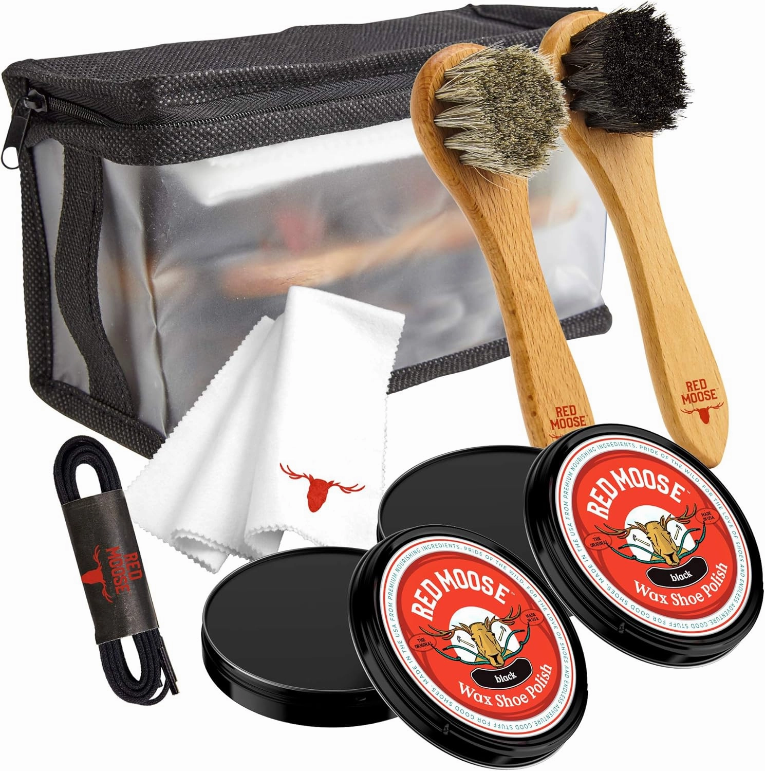 RED MOOSE Full Leather Wax Shoe Polish Kit - 2x Brush, Buffing Cloth, Travel Case, Laces