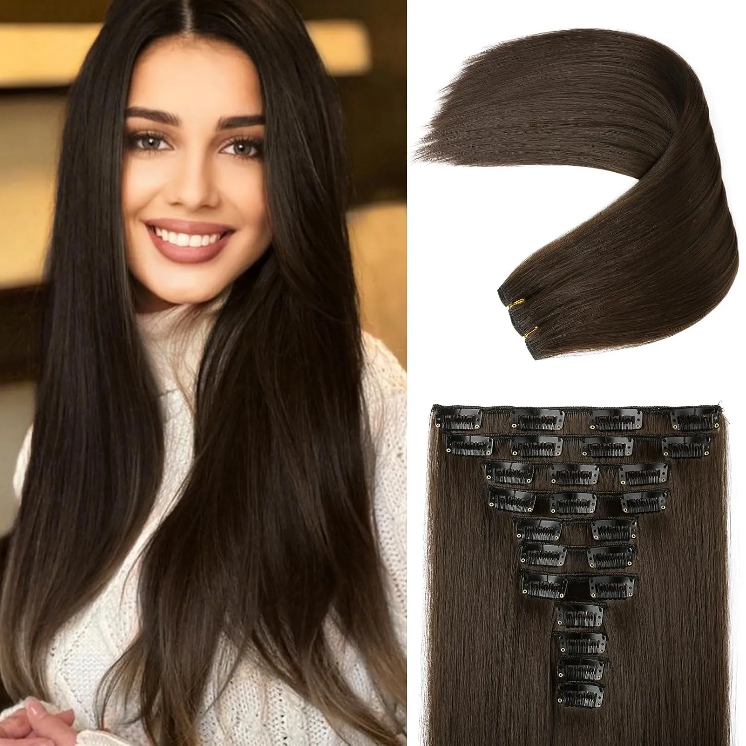 REECHO Hair Extensions, 11PCS Clip in Hair Extensions 24" Long Straight hair extensions HE005 Natural Soft Synthetic Hairpieces for Women – Chocolate Brown