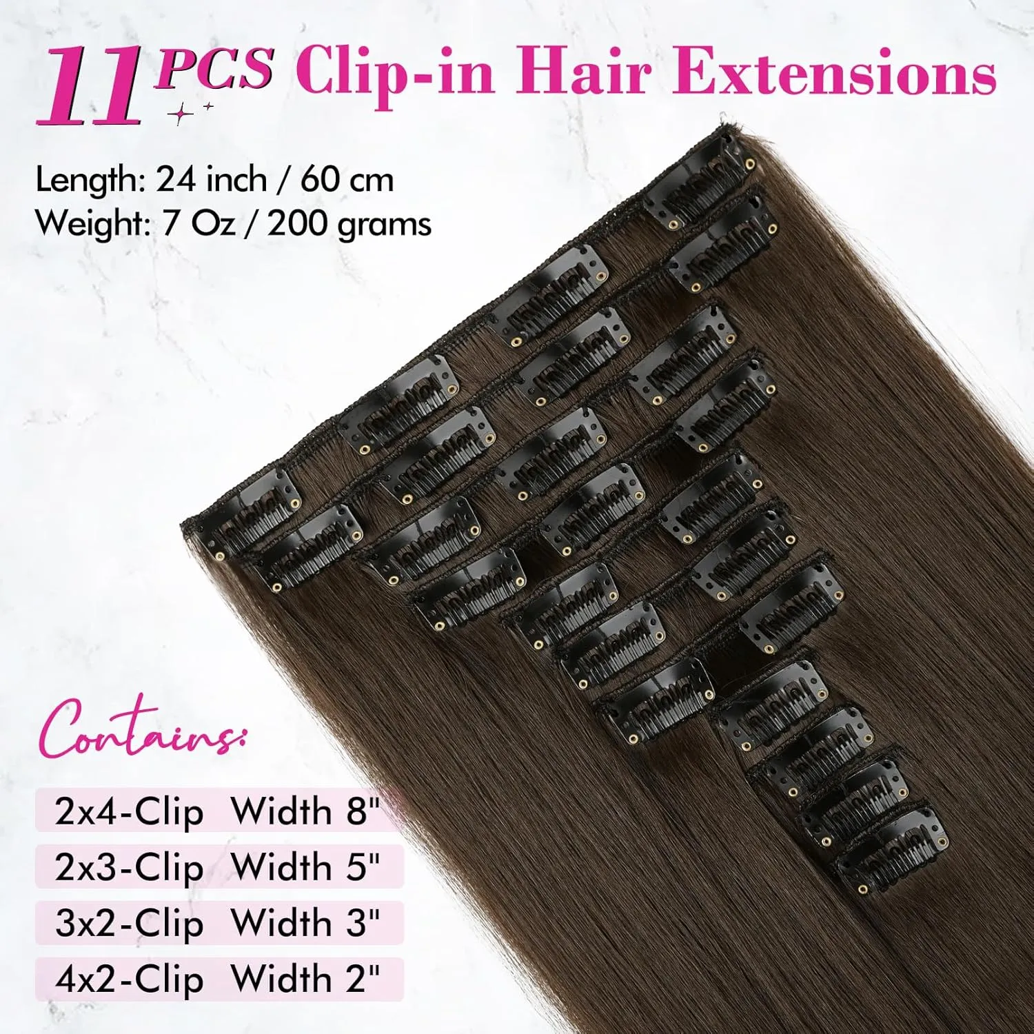 REECHO Hair Extensions, 11PCS Clip in Hair Extensions 24" Long Straight hair extensions HE005 Natural Soft Synthetic Hairpieces for Women – Chocolate Brown
