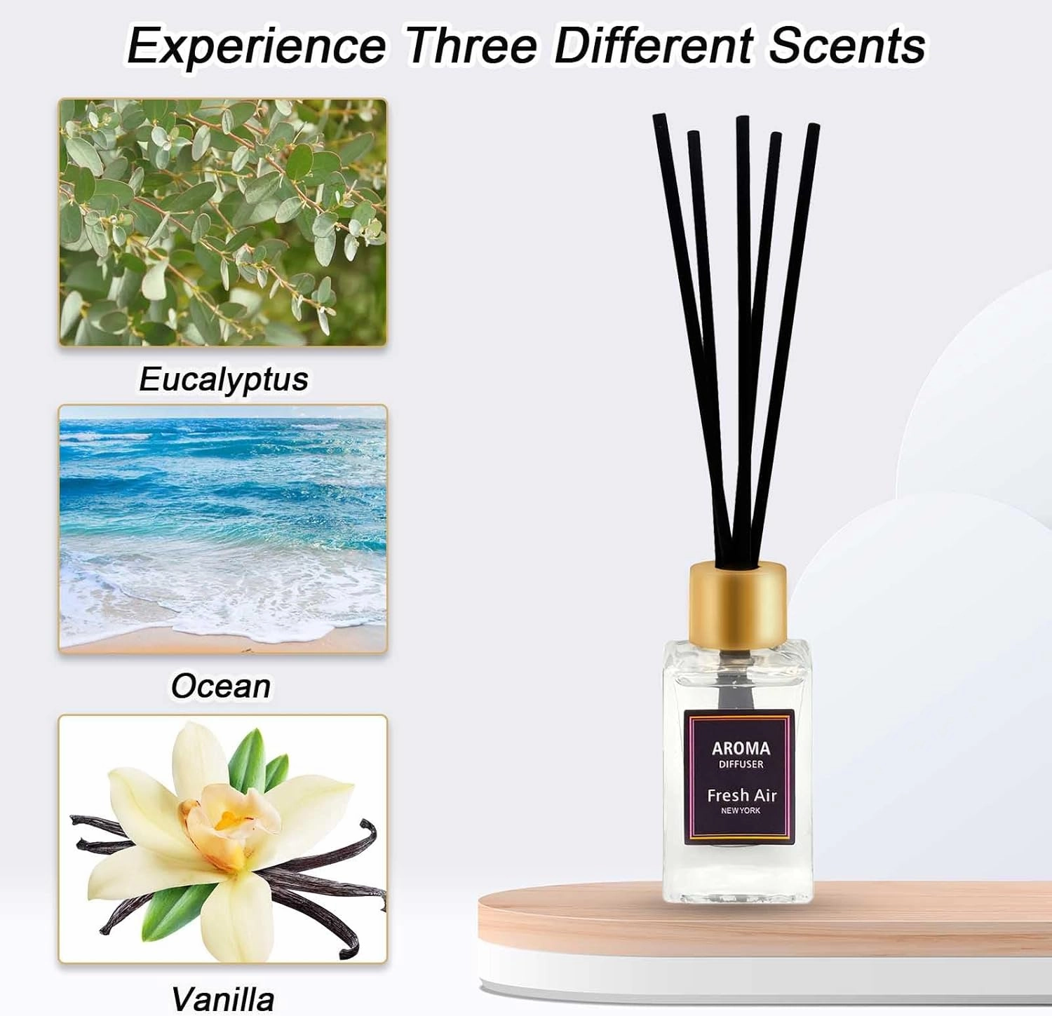 Reed Diffuser Set of 3,Vanilla,Eucalyptus,Ocean Scented Oil Diffuser with 15 Sticks,(50ml) x 3 Home Fragrance Reed Diffuser for Bathroom Shelf Decor