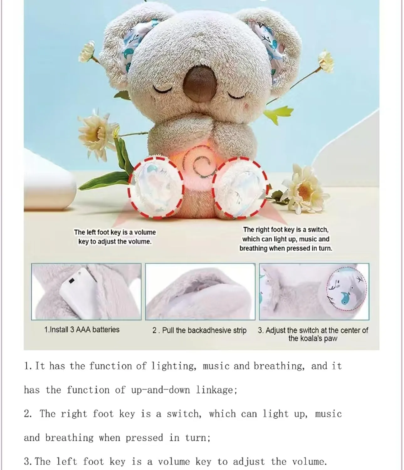 Relief Koala Breathing Stuffed Animal Baby Sound Machine Soother Koala Bear Anxiety with Sensory Details Music Lights Rhythmic Breathing Motion (Grey)
