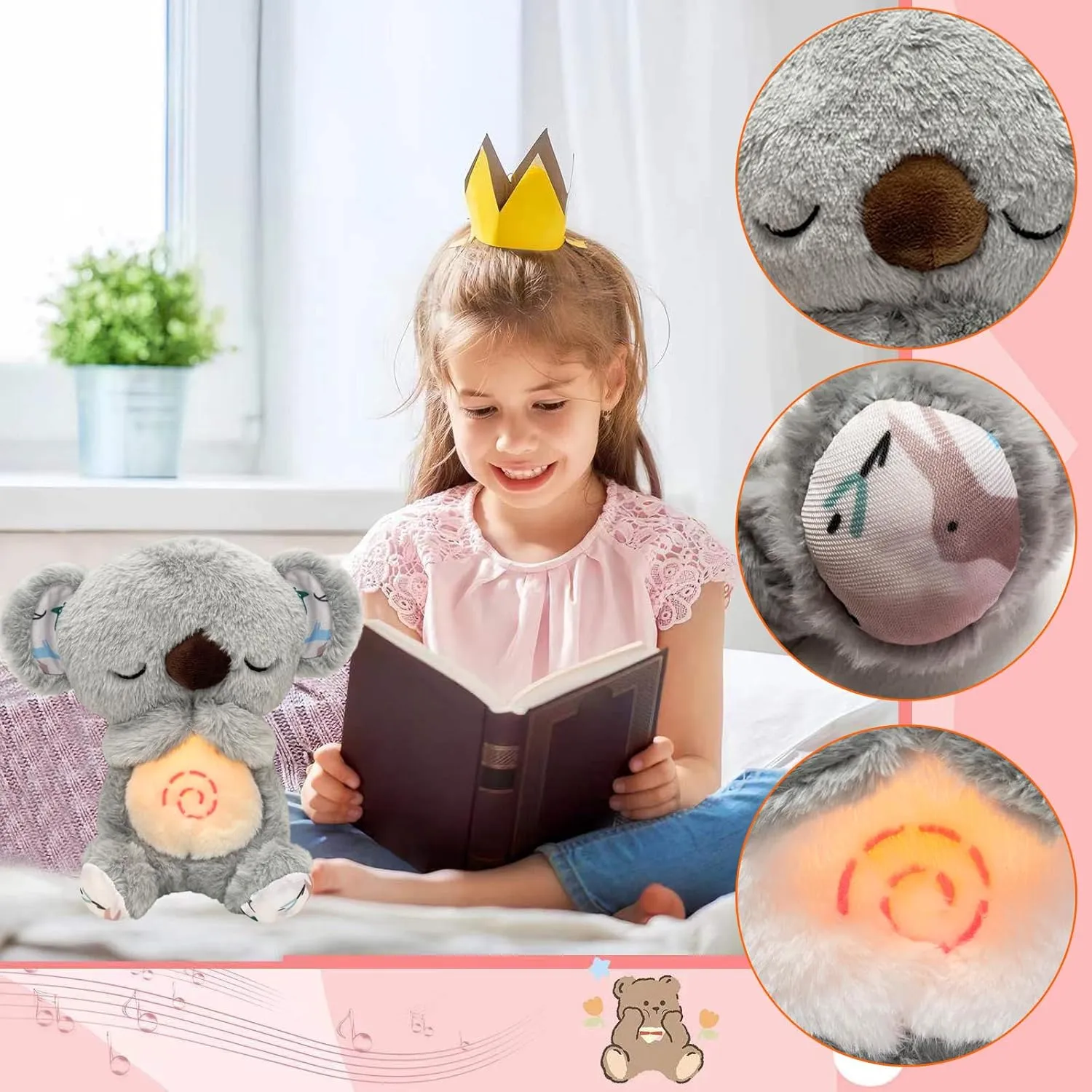 Relief Koala Breathing Stuffed Animal Baby Sound Machine Soother Koala Bear Anxiety with Sensory Details Music Lights Rhythmic Breathing Motion (Grey)