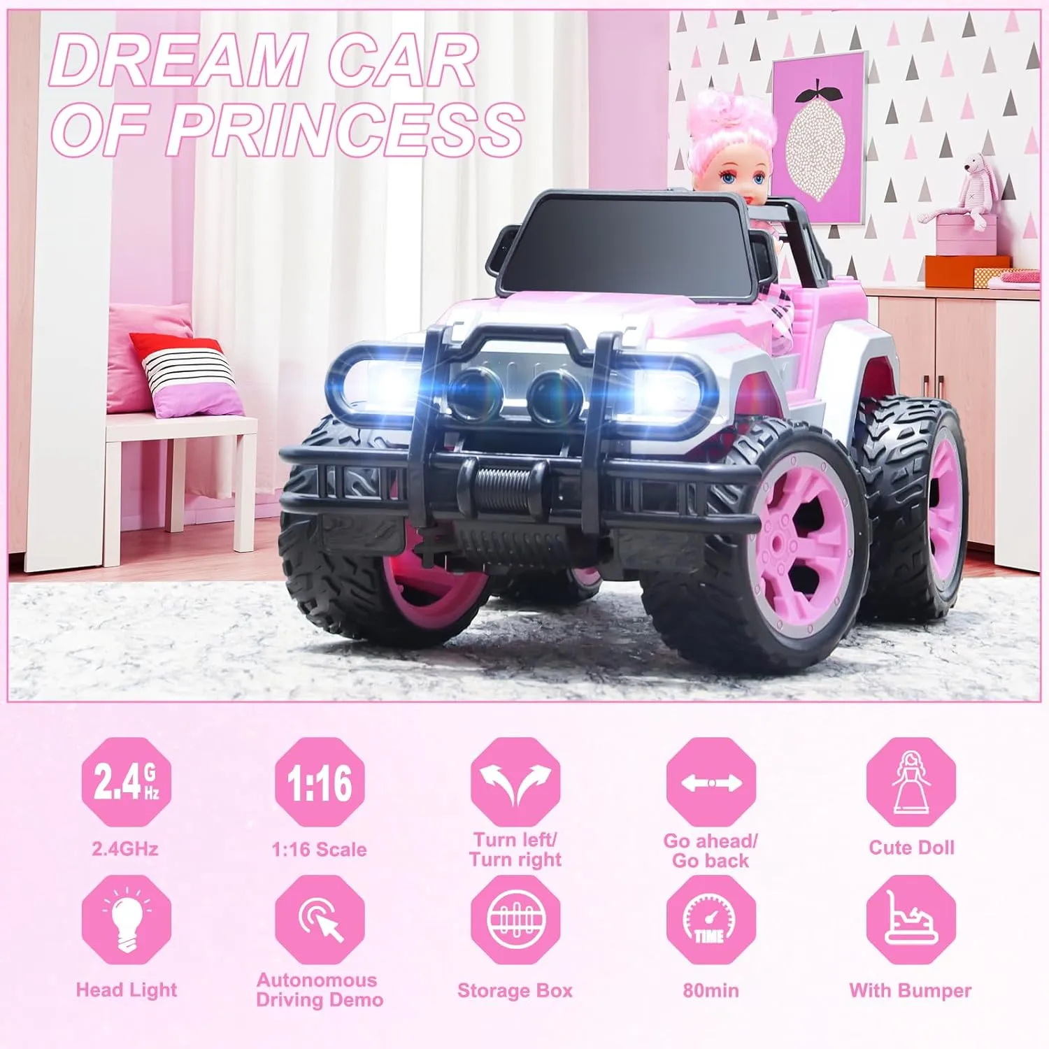 Remote Control Car for Girls, Pink RC Car with Doll and Sticker for Ages 6-10 Years Old Girls, 80 mins with Rechargeable Battery, 1:16 Scale 2.4Ghz, ,OX11S Perfect Christmas Birthday Gifts for Grils